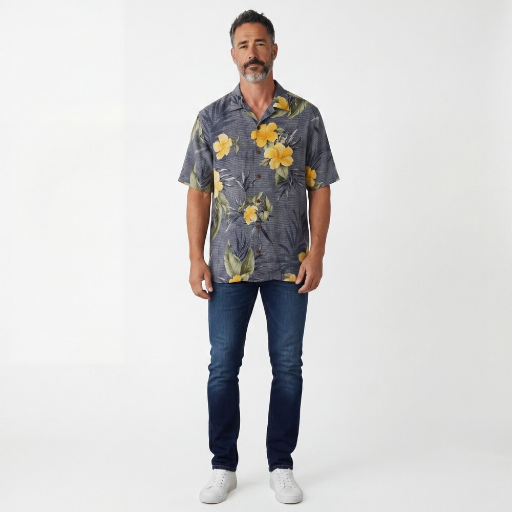 Tommy Bahama Gray Yellow Silk Hawaiian Shirt L